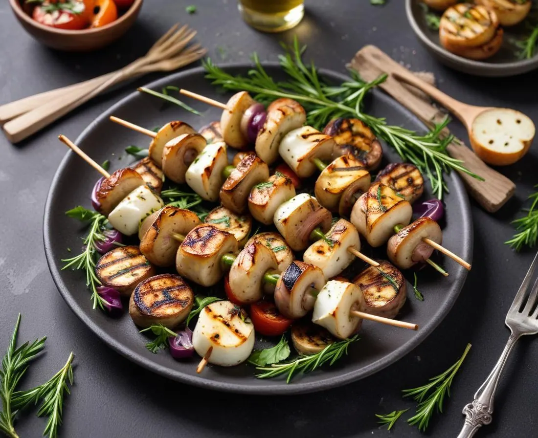 Brochettes de champignons et halloumi grillé aux herbes