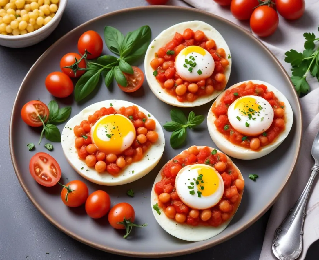 Oeufs Pochés aux Pois Chiches et Purée de Tomates