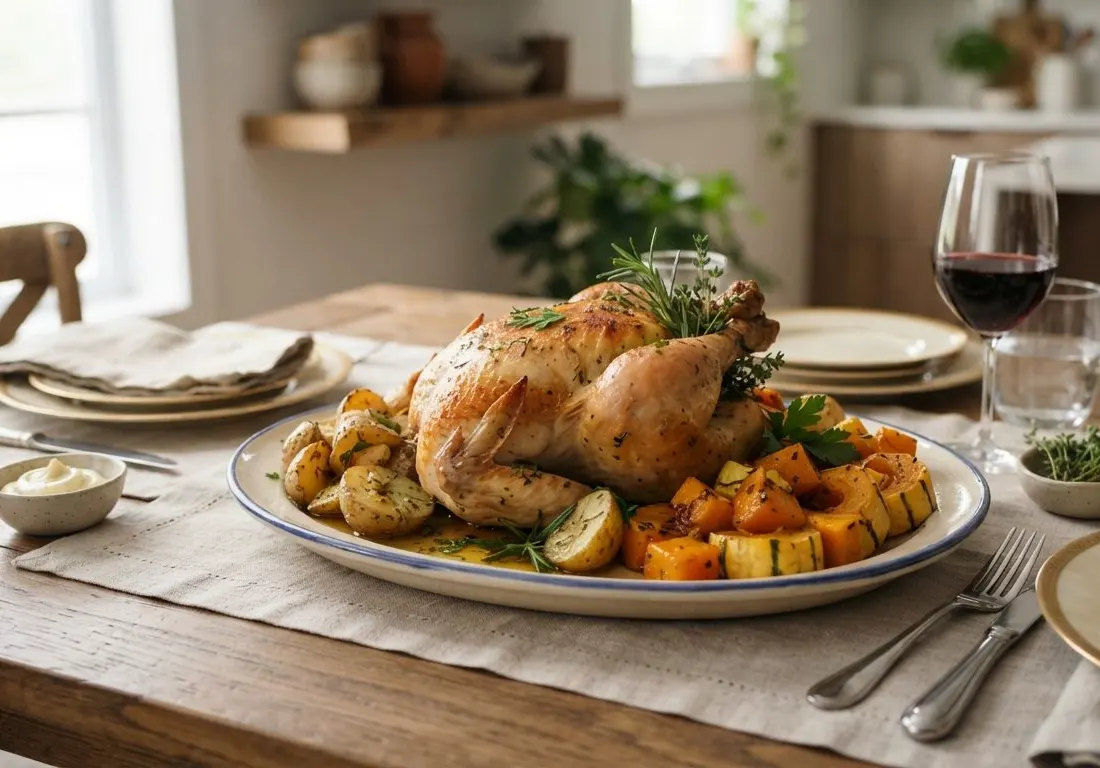 Poulet rôti aux pommes de terre et courges