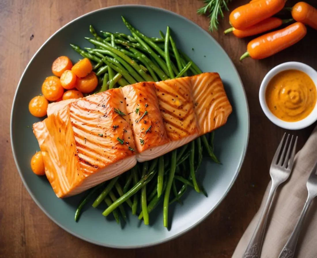 Saumon Grillé, Purée de Carottes Nouvelles et Haricots Verts