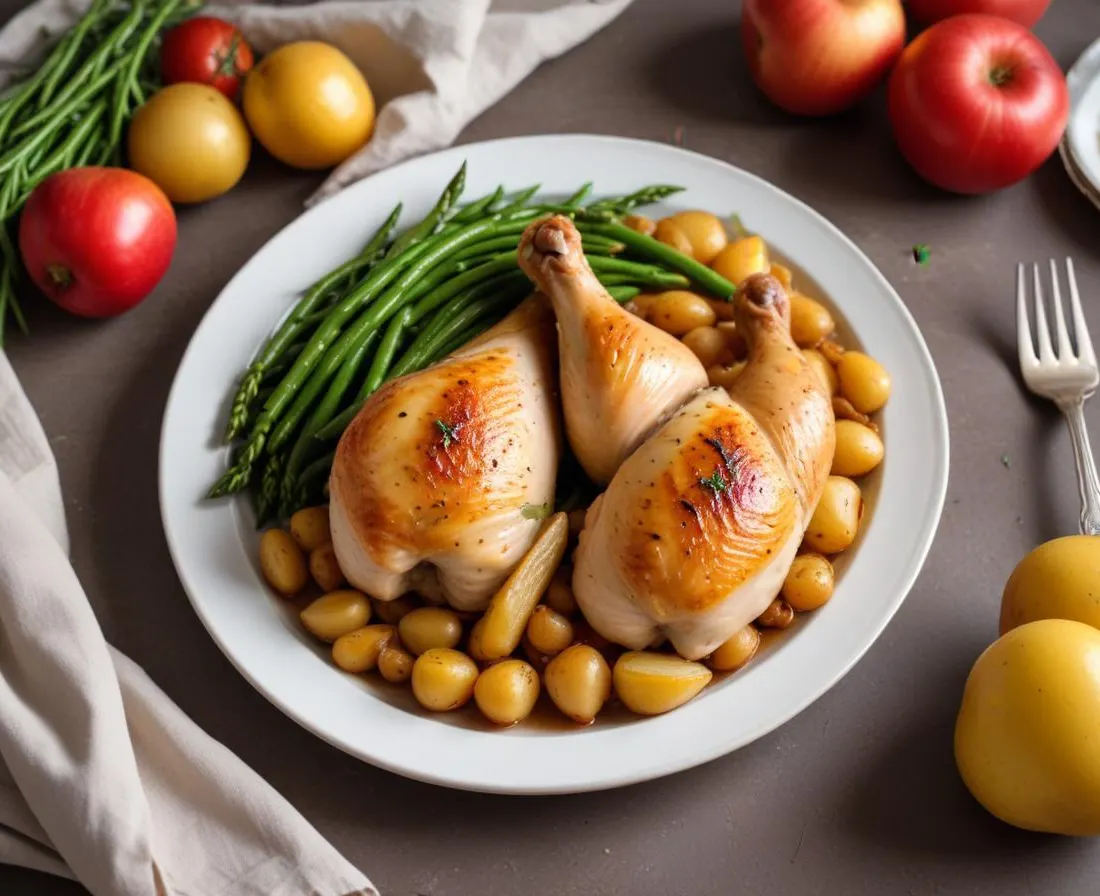 Poulet rôti fermier, pommes de terre grenaille et haricots verts frais