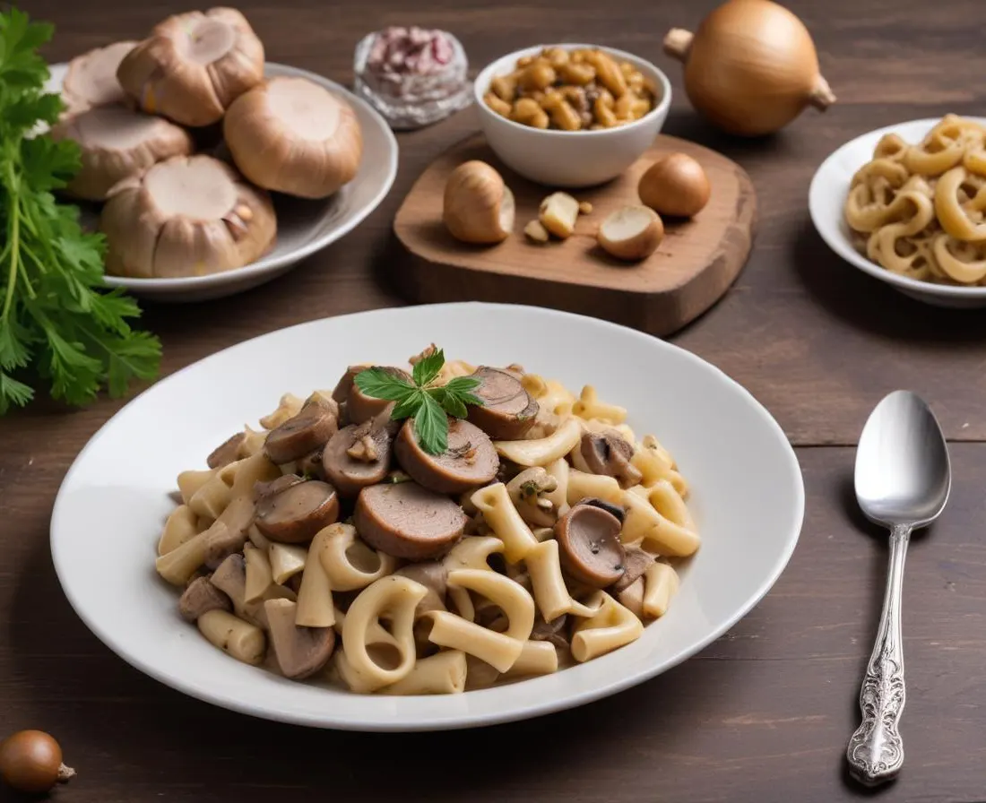 Pâtes à la côte de porc et champignons de Paris