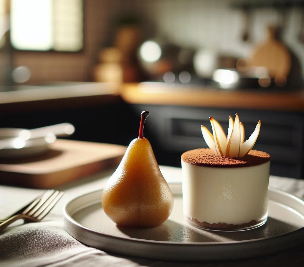 Mousse de chocolat blanc et poire caramélisée