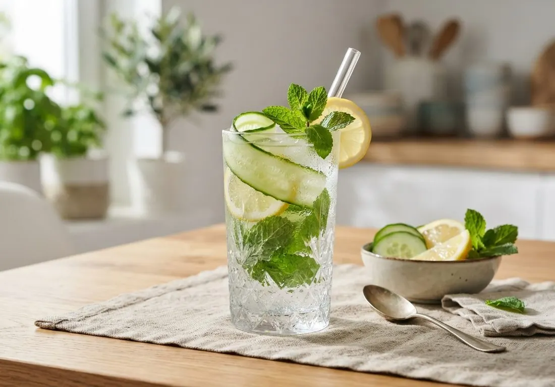 Eau fraîche désaltérante au concombre, citron et menthe