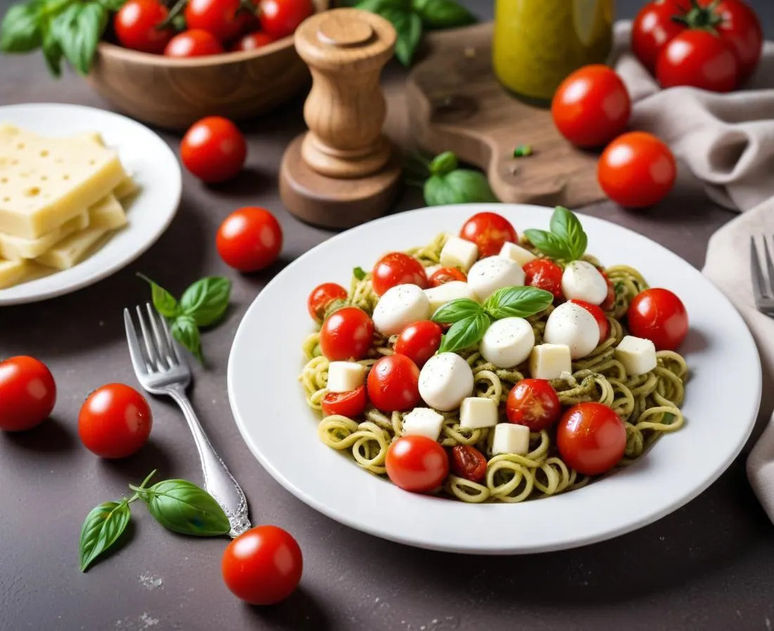 Salade de Pâtes au Pesto, Tomates Cerises et Mozzarella