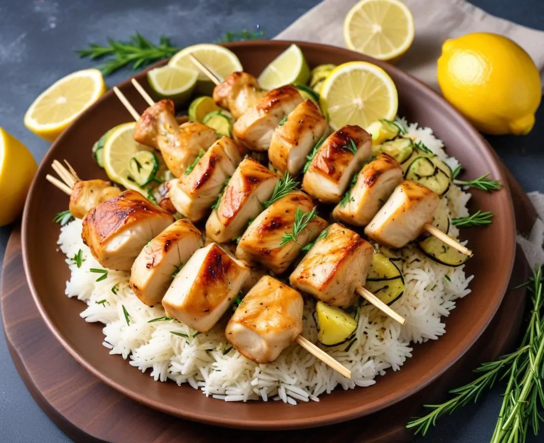 Brochettes de poulet mariné au citron et herbes, riz basmati et courgettes grillées