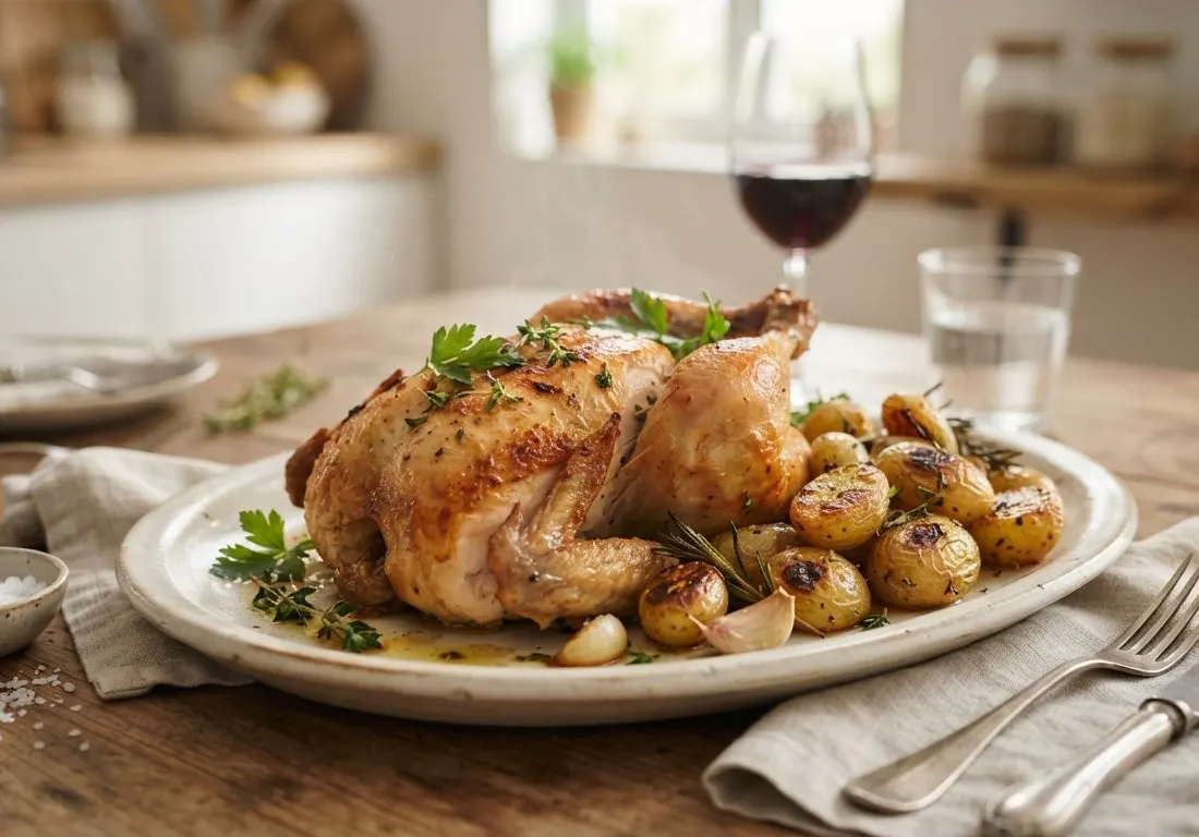 Poulet rôti et pommes de terre grenailles