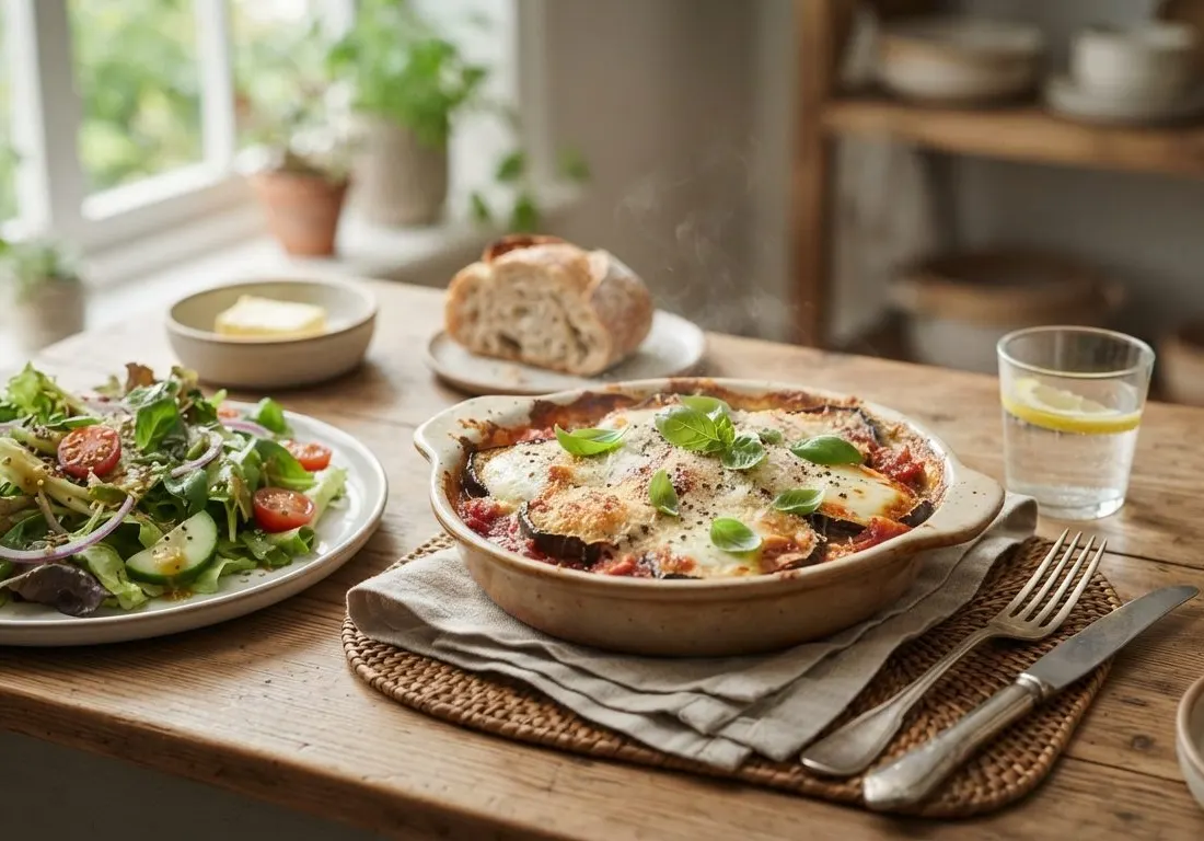 Gratin d'aubergines au parmesan et salade verte