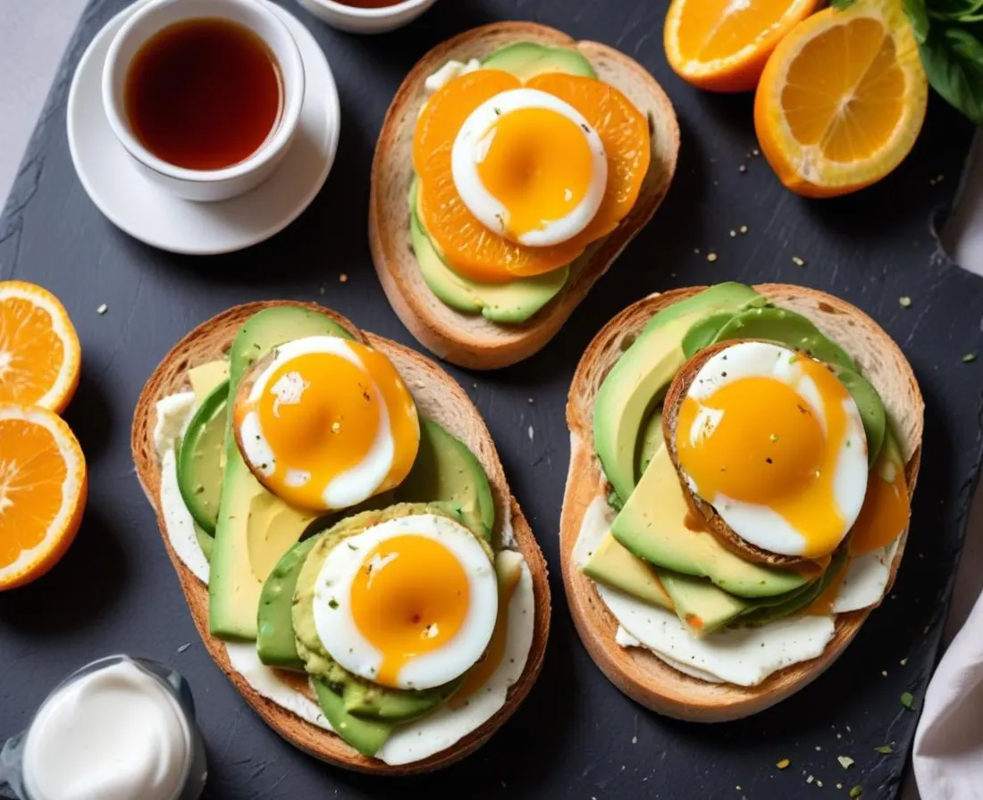 Brunch : Tartines d'avocat, œufs brouillés et jus d'orange frais