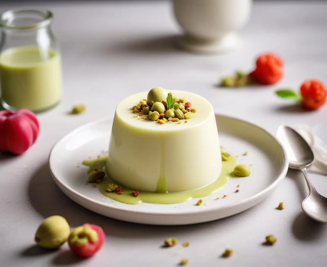 Panna cotta à la rhubarbe rôtie et éclats de pistache