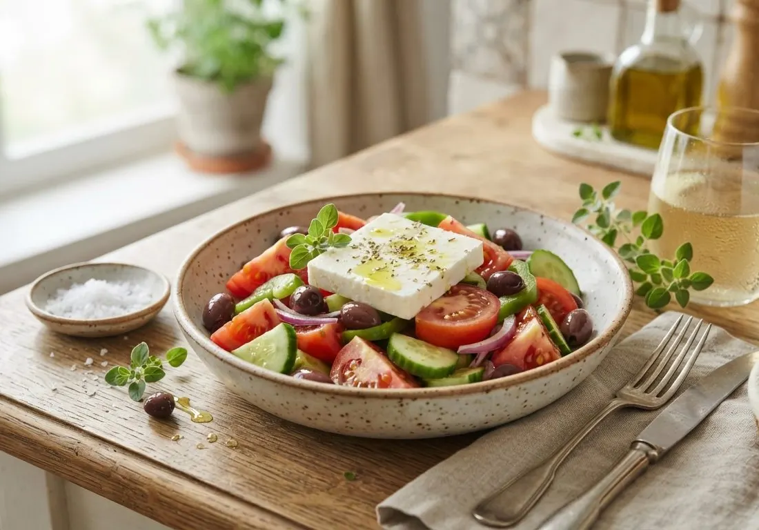 Salade grecque traditionnelle aux tomates et feta