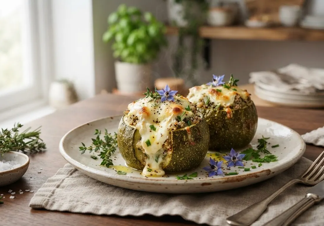 Courgettes rondes farcies au chèvre fondant et herbes fraîches