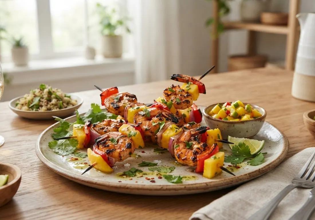 Brochettes de crevettes et mangue marinées au piment et citron vert