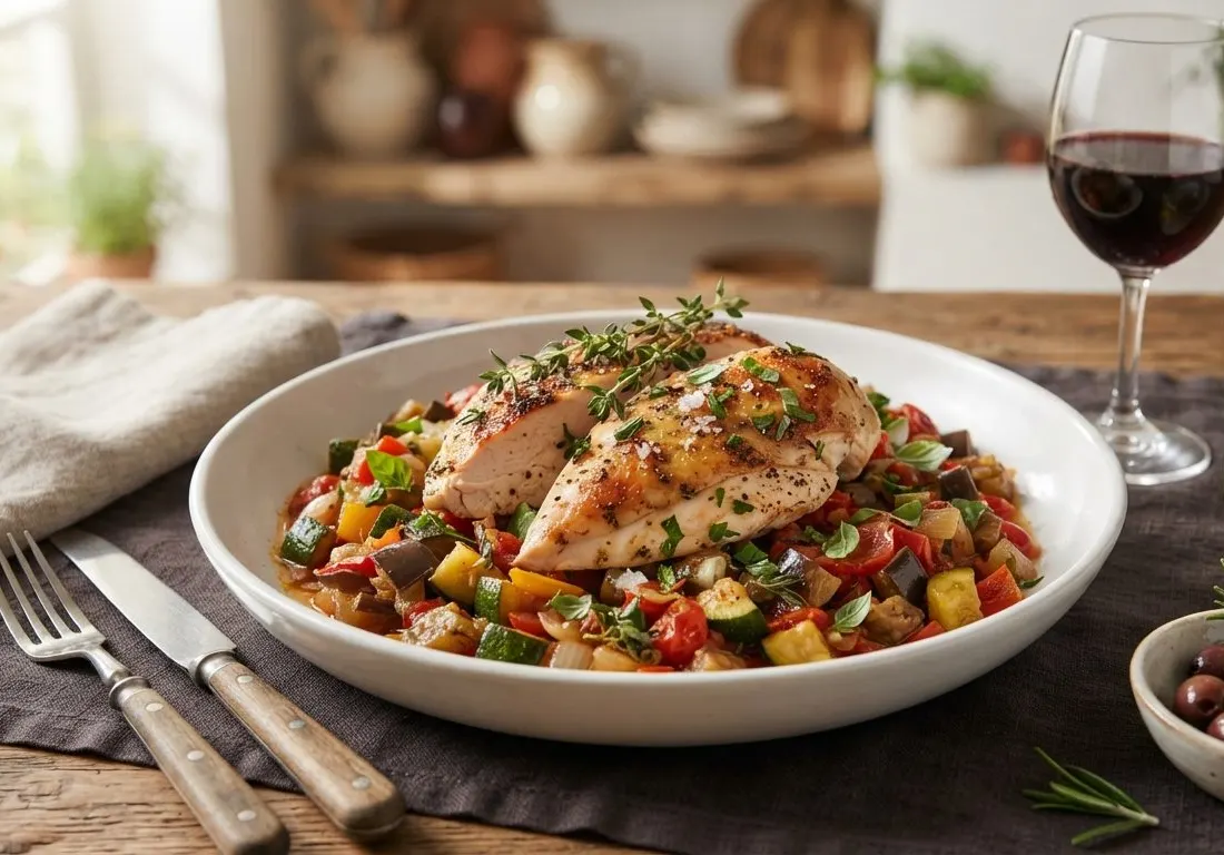 Poêlée de ratatouille confite et blancs de poulet rôti aux herbes