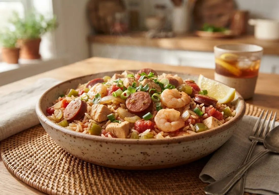 Jambalaya, le plat traditionnel de riz épicé au poulet et aux crevettes