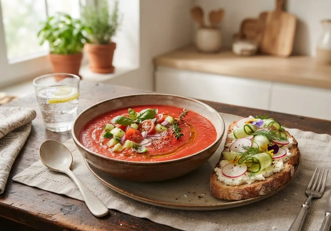 Gaspacho de tomates et tartines au fromage frais