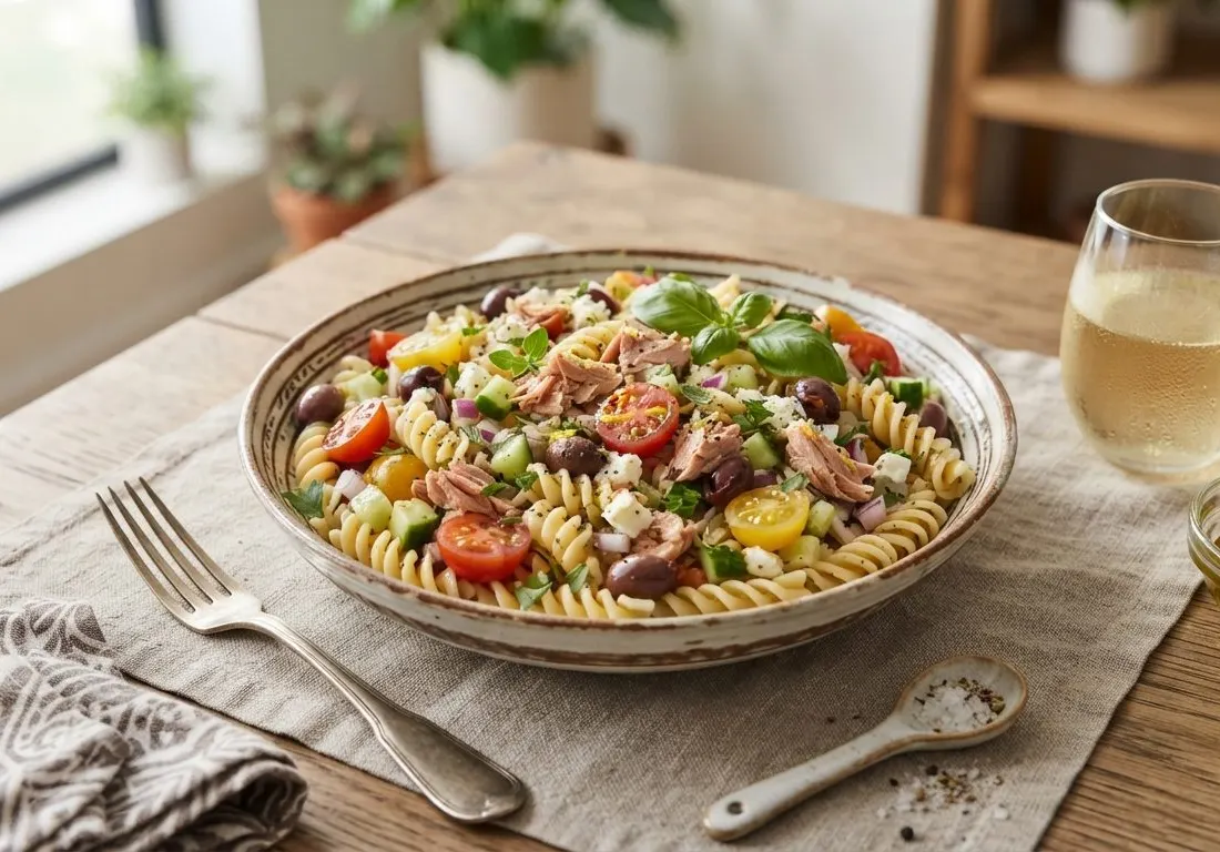 Salade de pâtes méditerranéennes au thon et aux tomates cerises