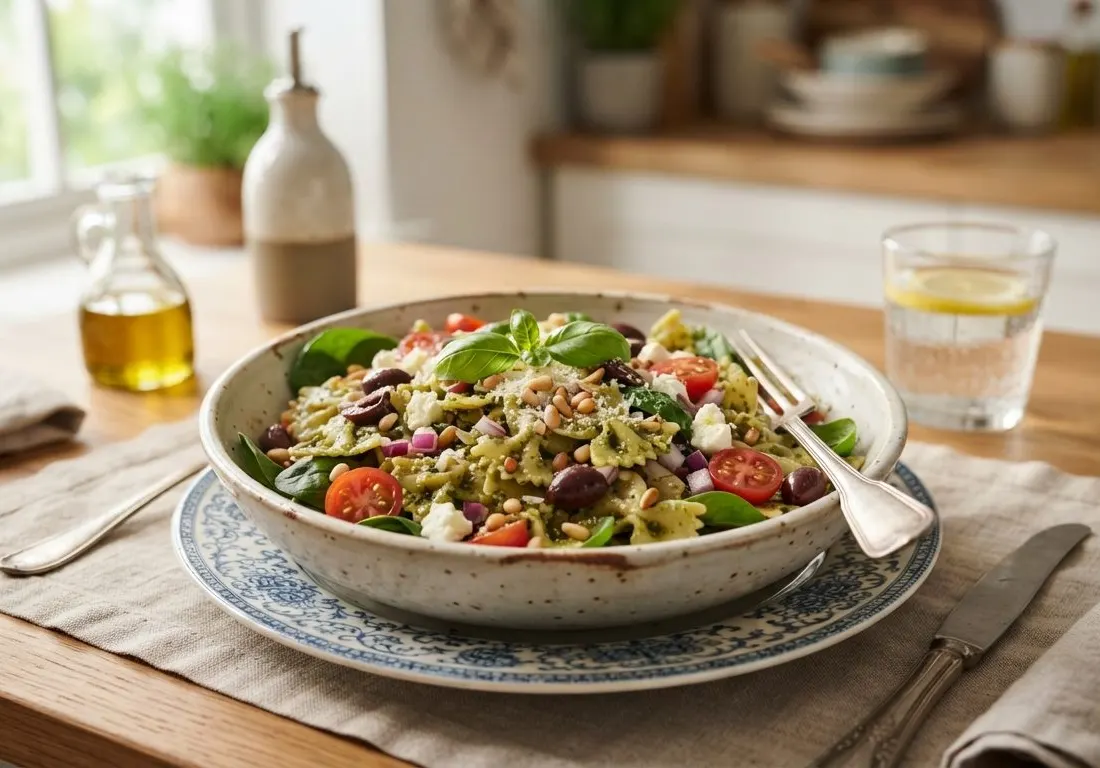 Salade de pâtes méditerranéenne au pesto et pignons grillés