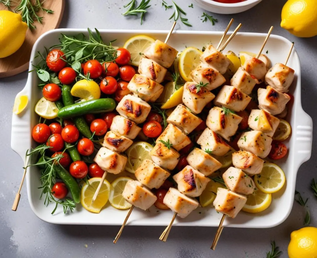Brochettes de Poulet Marinées au Citron et Herbes, Légumes Grillés