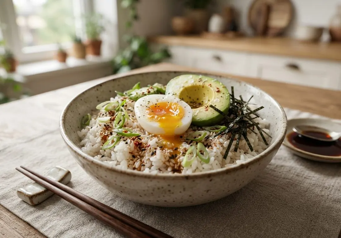 Bowl de riz, oeuf mollet et avocat, sauce soja et sésame