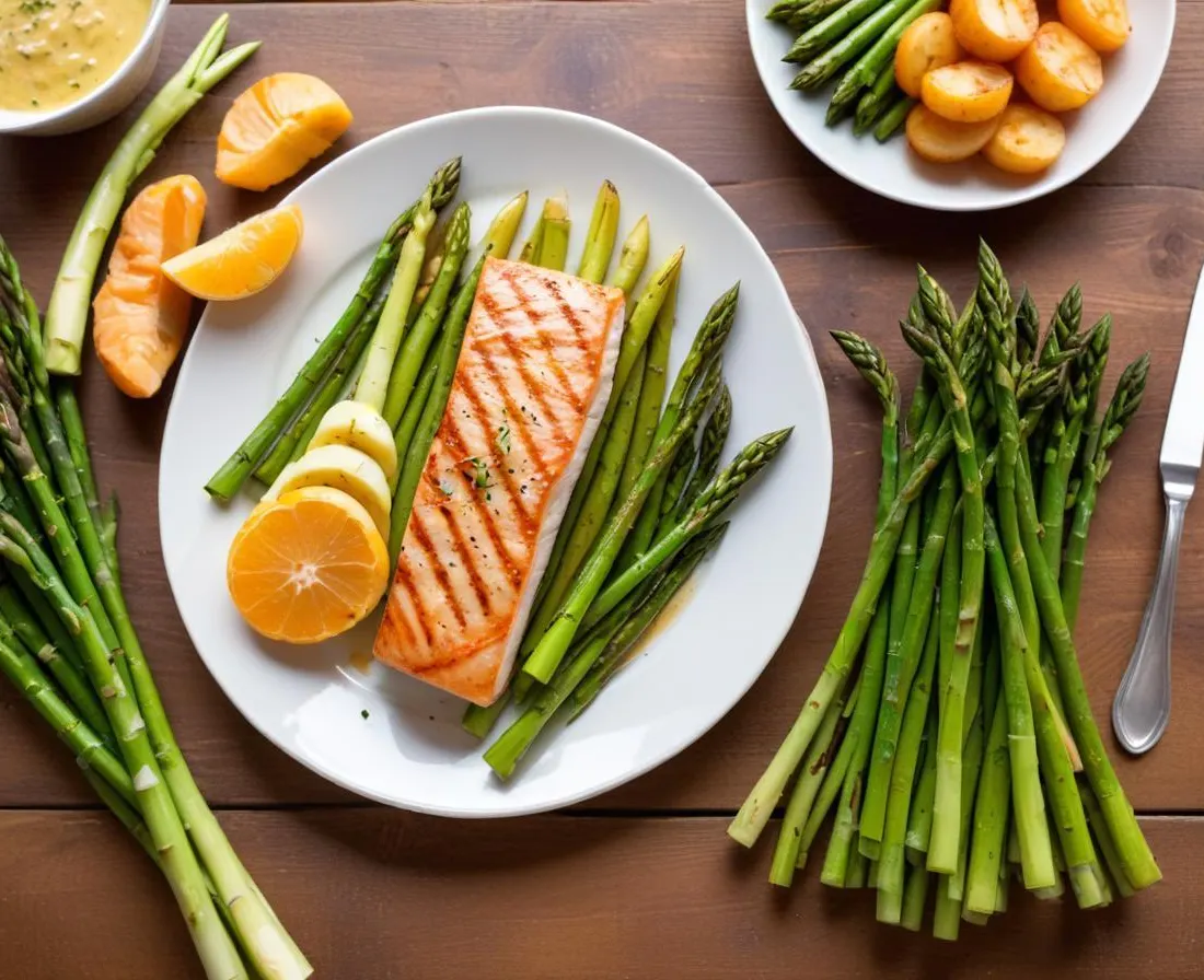 Asperges vertes grillées, saumon et pommes de terre nouvelles