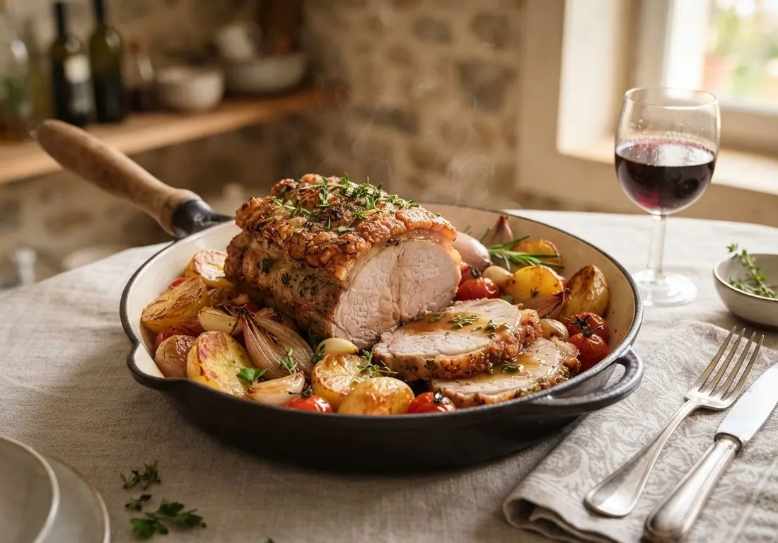 Rôti de porc aux pommes de terre, plat traditionnel au four
