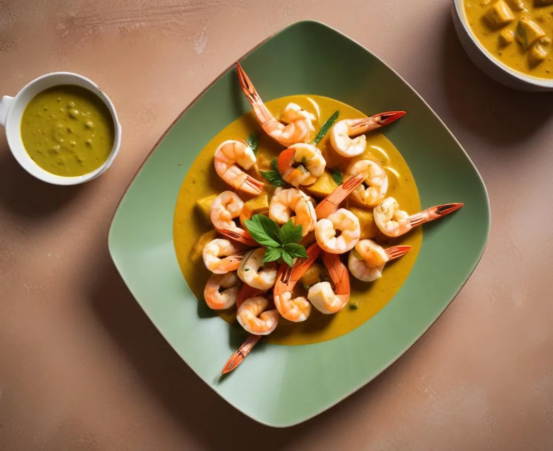 Brochettes de lotte et crevettes au curry vert et lait de coco