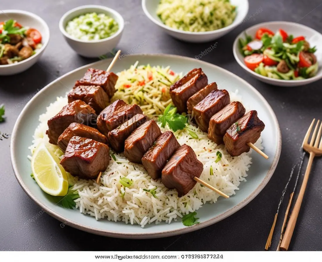 Brochettes de boeuf marinées, riz basmati et salade verte