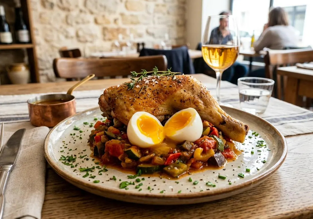Poulet Rôti au Soleil et son Nid de Ratatouille aux Œufs Mollets