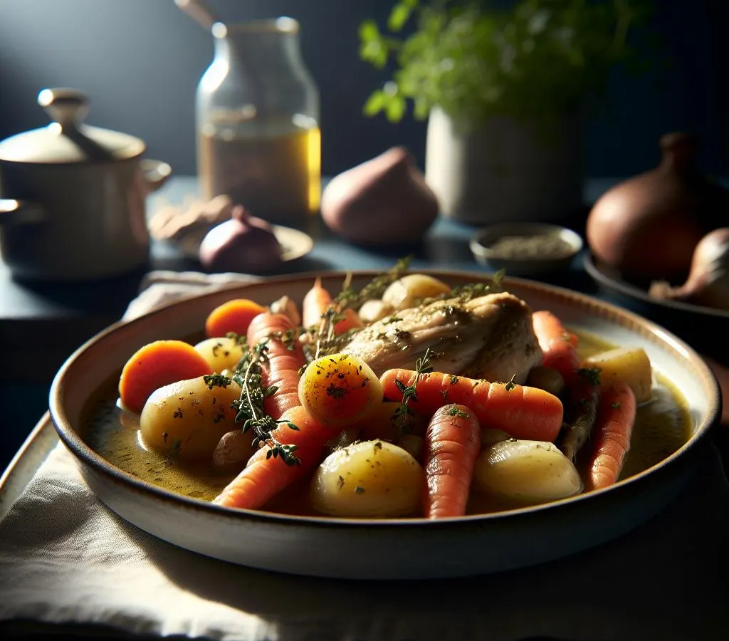 Pot-au-feu de poulet aux légumes racines et herbes de Provence