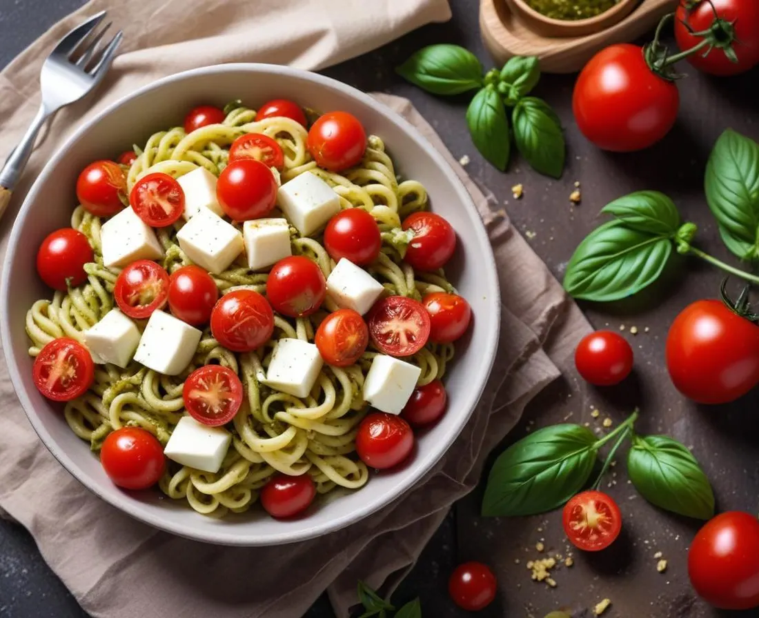 Salade de Pâtes au Pesto, Tomates Cerises et Mozzarella