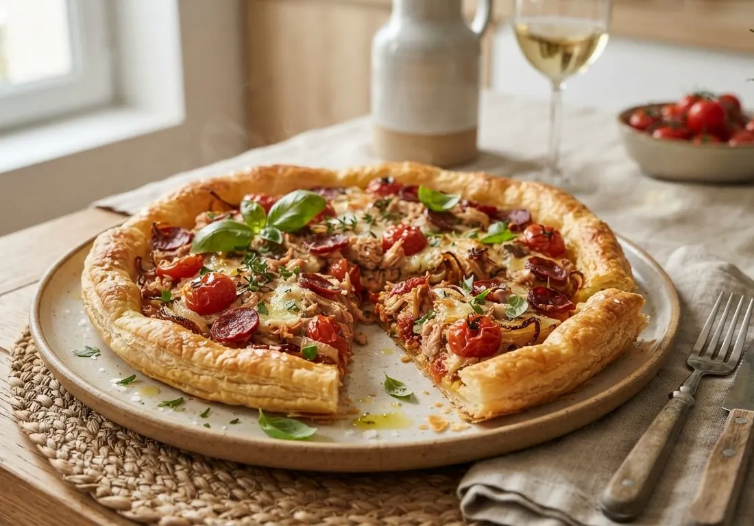 Tarte feuilletée au thon, tomates et chorizo