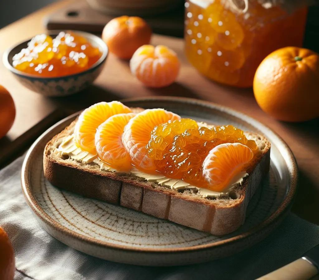 Pain complet avec beurre et confiture d'hiver (orange, clémentine)