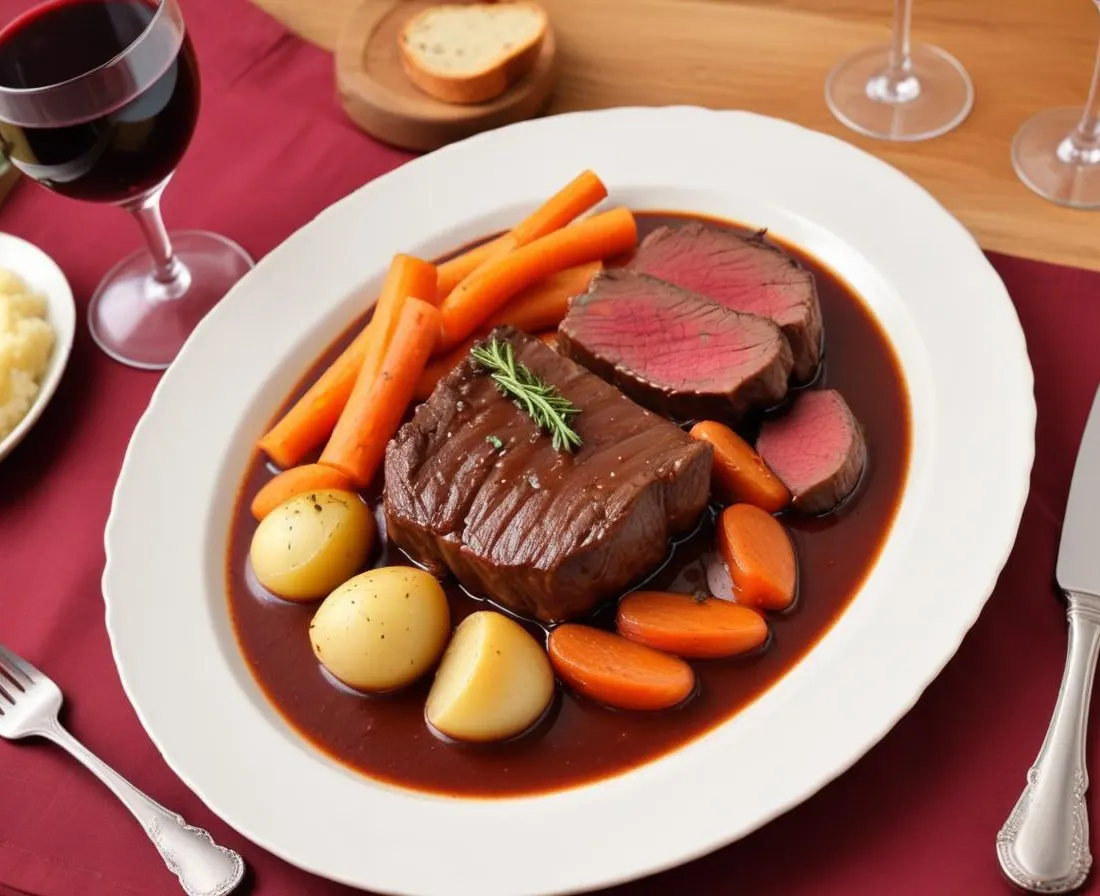 Boeuf braisé au vin rouge et purée de céleri-rave