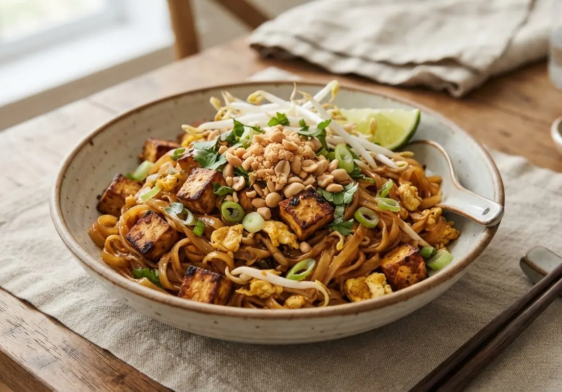 Pad thaï végétarien, nouilles de riz sautées au tofu