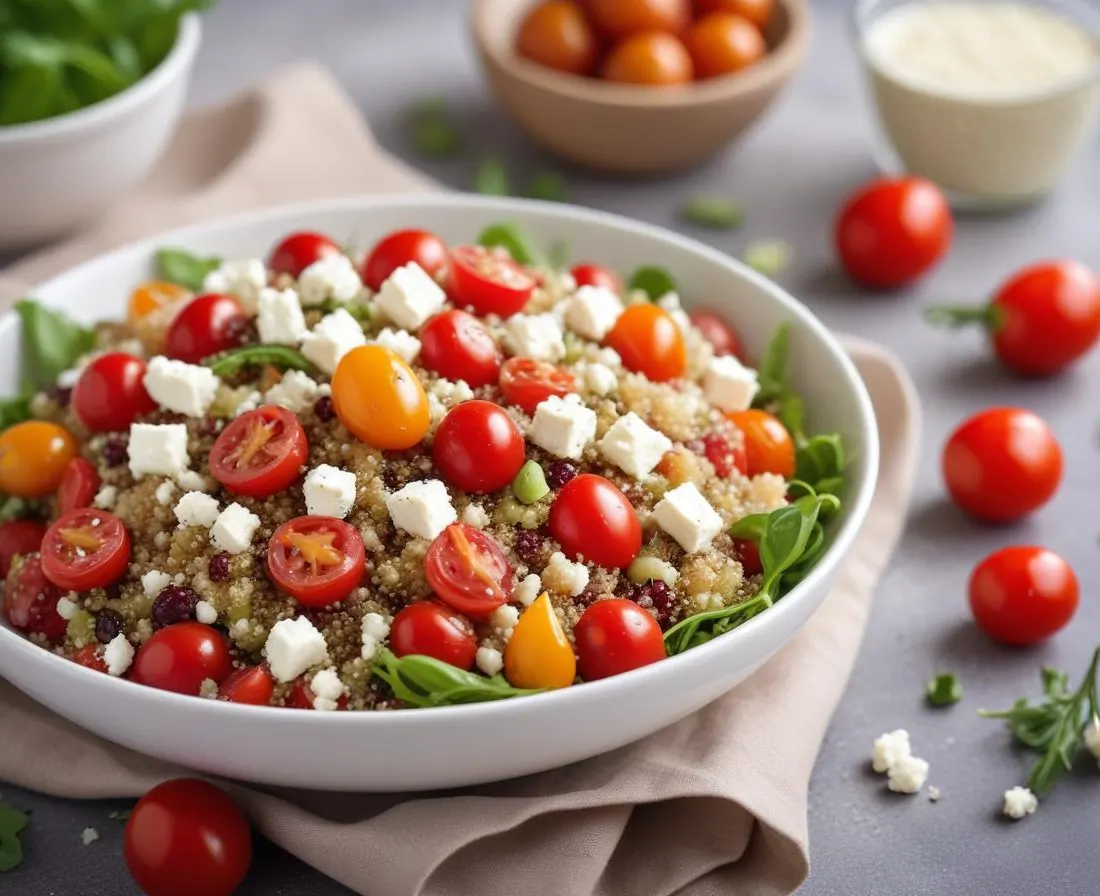 Salade de quinoa, fèves, tomates cerises et feta