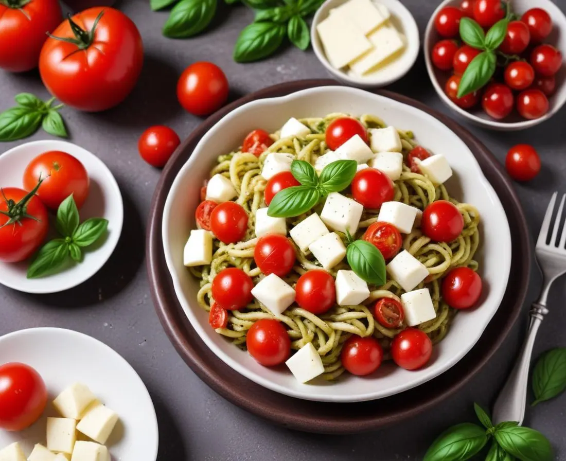 Salade de pâtes au pesto, tomates cerises et mozzarella (à emporter)