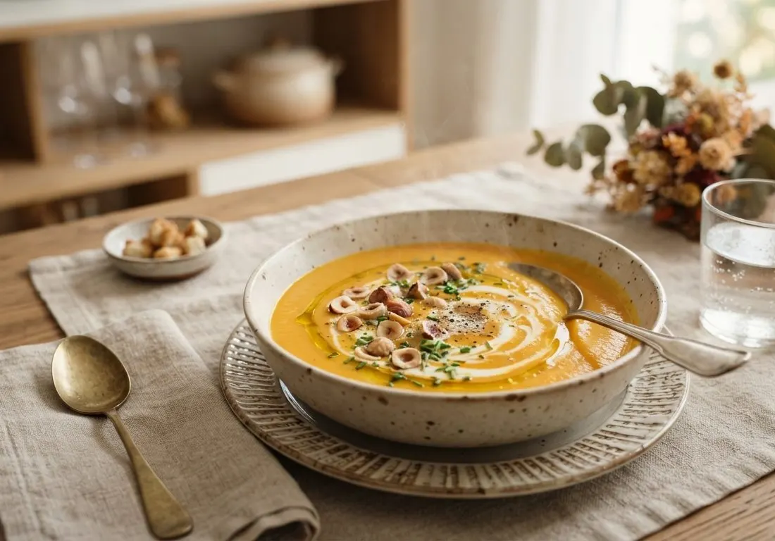 Velouté doux de potimarron aux éclats de noisettes