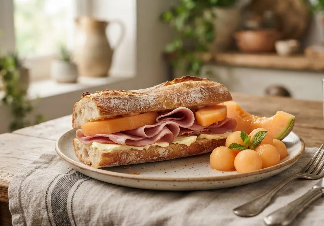 Sandwich baguette croustillante au jambon supérieur, beurre frais et melon juteux