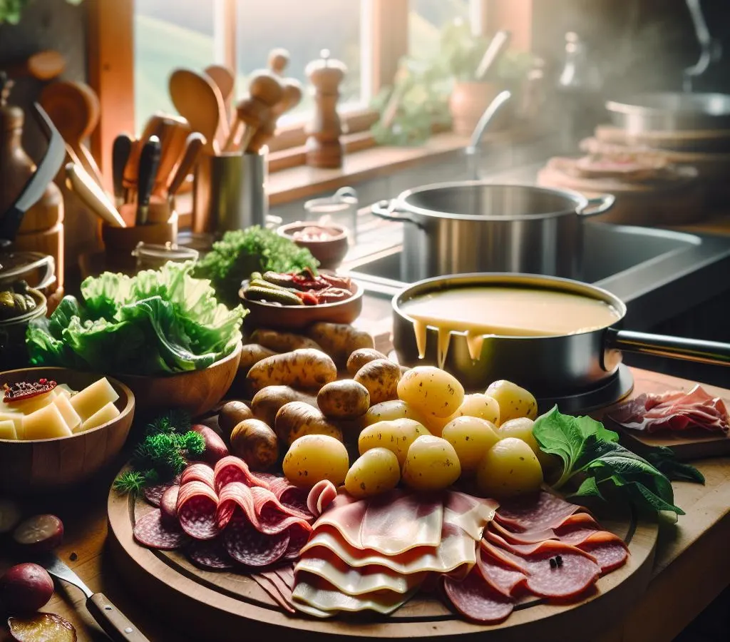 Raclette party avec charcuterie, pommes de terre, cornichons et salade verte