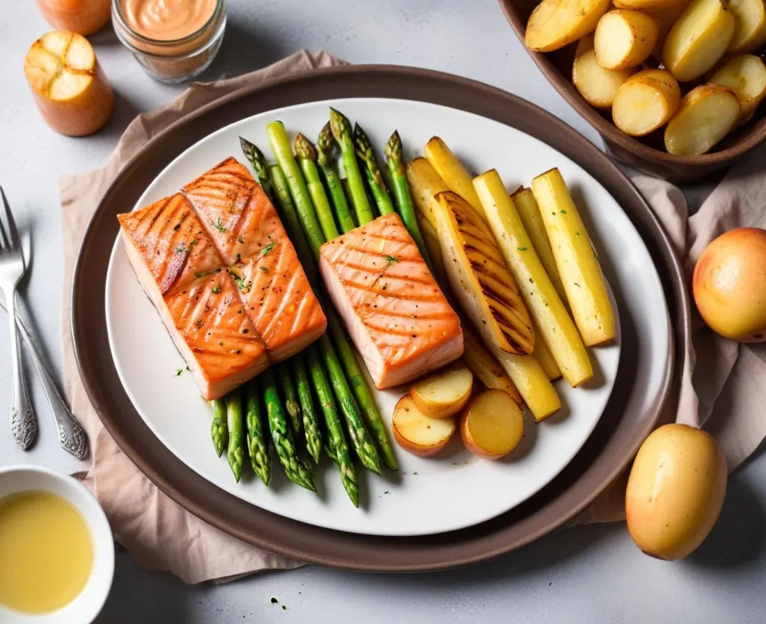 Saumon grillé printanier, asperges et pommes de terre nouvelles