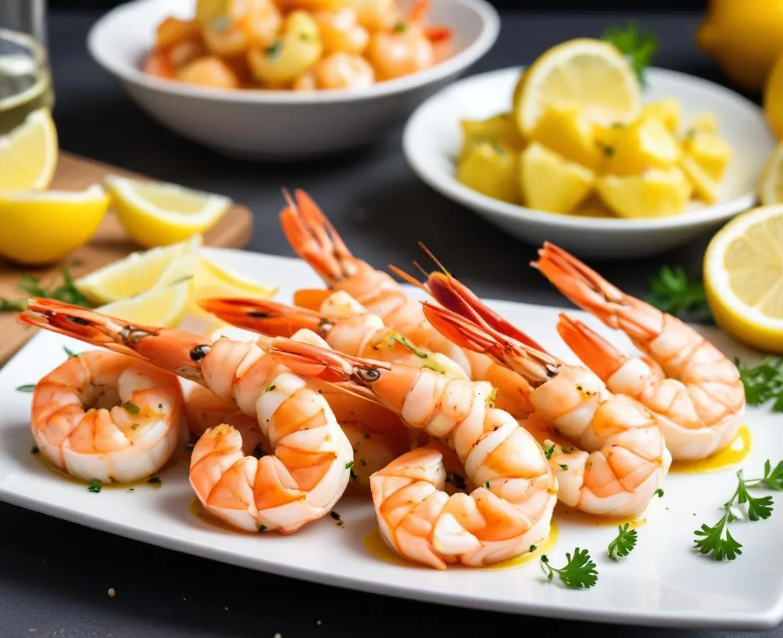 Brochettes de crevettes marinées au citron et à l'ail