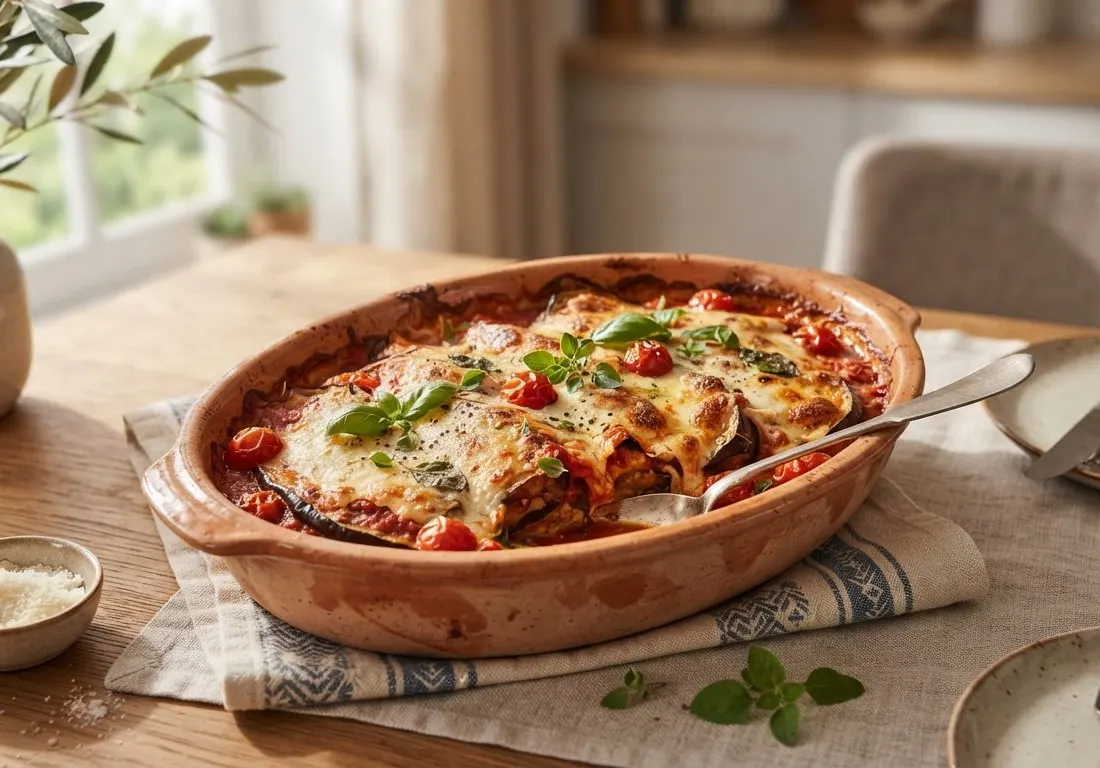 Gratin d'aubergines au parmesan et tomates fraîches