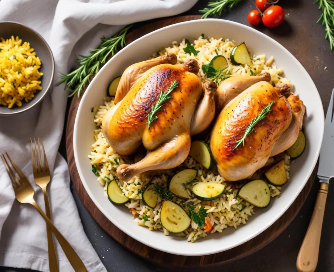 Poulet rôti aux herbes de Provence, courgettes et riz