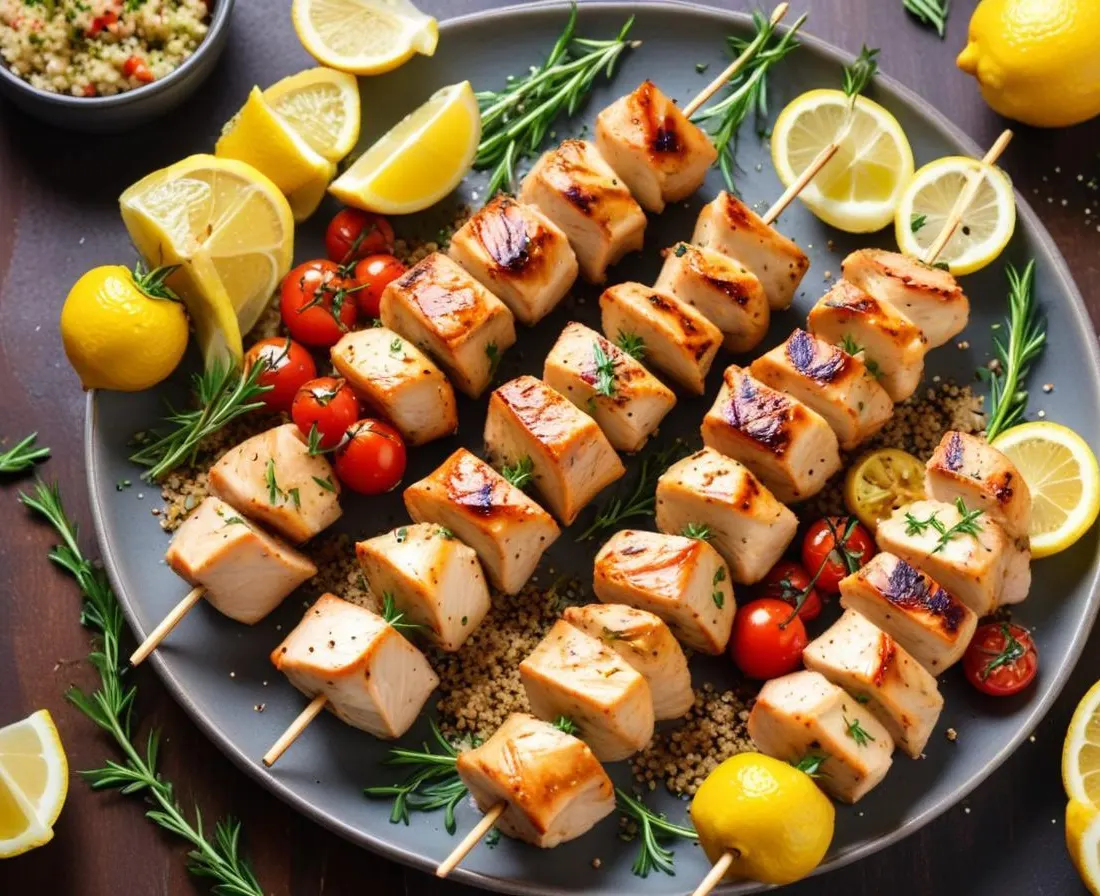 Brochettes de Poulet Marinées au Citron et Herbes, Quinoa et Légumes Grillés
