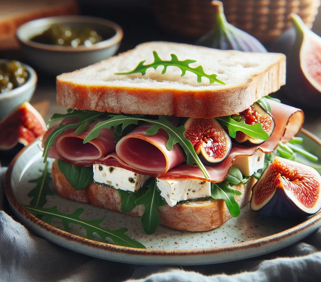 Sandwich au jambon de pays, fromage de chèvre frais, roquette et chutney de figues