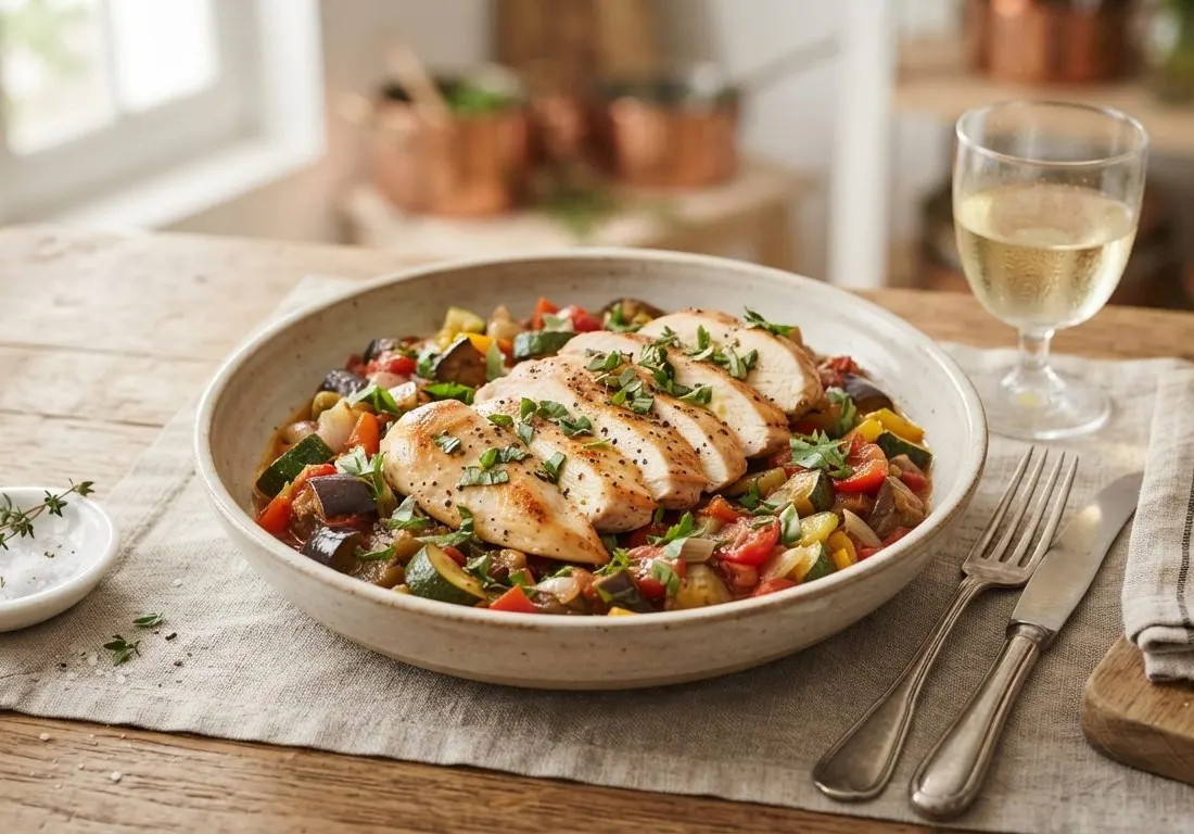 Poêlée de ratatouille provençale et filets de poulet dorés