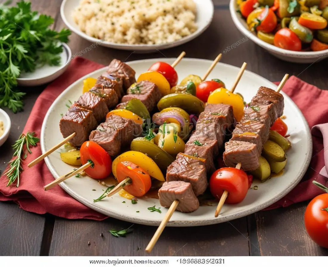 Brochettes d'agneau, taboulé de légumes frais
