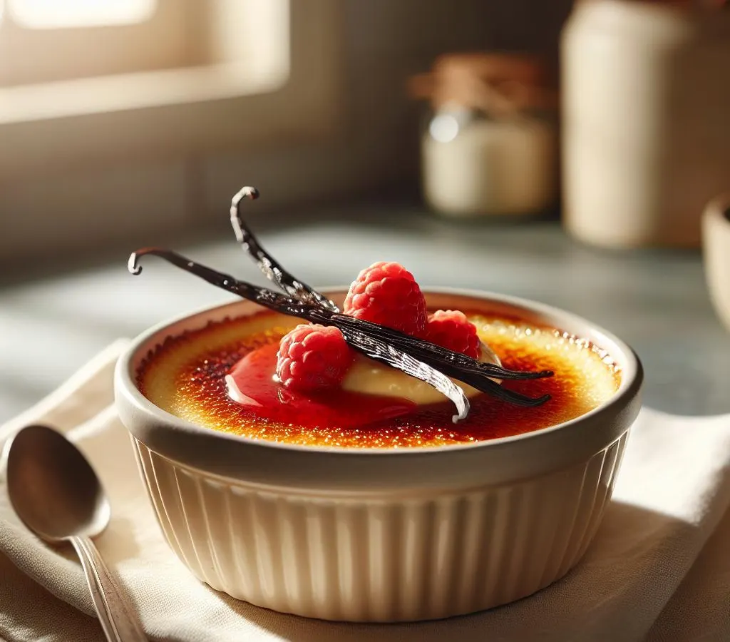 Crème brûlée à la vanille de Madagascar et coulis de fruits rouges