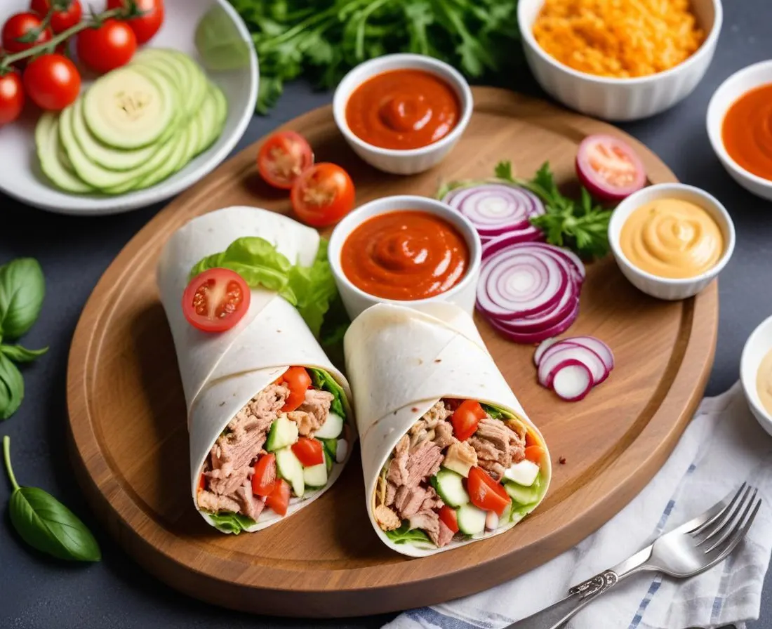 Wrap au thon, crudités et sauce yaourt fraîche